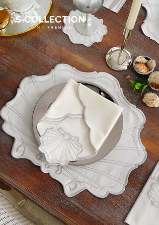 طقم مفارش سفرة - تصميم مارين - تطريز فضى - قماش مقاوم للماء - ٦ اشخاص - ٢٤ قطعة - طقم كامل  