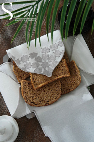 طقم مفارش سفرة كامل - تصميم قبة رمضان - مع منديل سلة الخبز ورانر - تطريز فضى - ٦ أشخاص - ٢٦ قطعة