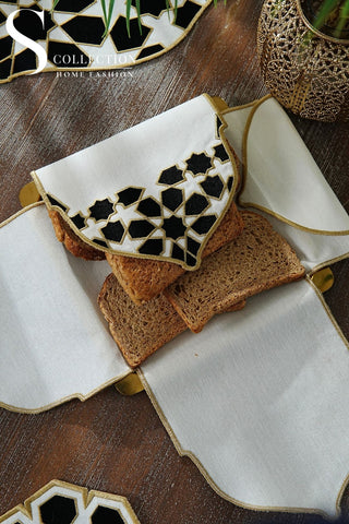 Ramadan Dome Design Black and Gold Full Placemat Set - With Bread Basket Napkin and Runner - 6 Persons - 26 Pcs.