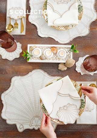 طقم مفارش سفرة - تصميم مارين - تطريز بنى فاتح (كابتشينو) - قماش مقاوم للماء - ٦ اشخاص - ٢٤ قطعة - طقم كامل  