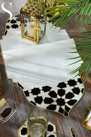 Ramadan Dome Design Black and Gold Full Placemat Set - With Bread Basket Napkin and Runner - 6 Persons - 26 Pcs.