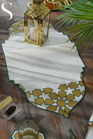 Ramadan Dome Design Green and Gold Full Placemat Set - With Bread Basket Napkin and Runner - 6 Persons - 26 Pcs.