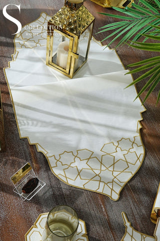 Ramadan Dome Design Gold and Off White Full Placemat Set - With Bread Basket Napkin and Runner - 6 Persons - 26 Pcs.
