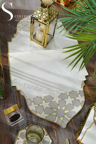 Ramadan Dome Design Silver and Gold Full Placemat Set - With Bread Basket Napkin and Runner - 6 Persons - 26 Pcs.