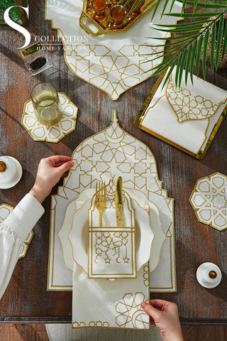 Ramadan Dome Design Gold and Off White Full Placemat Set - With Bread Basket Napkin and Runner - 6 Persons - 26 Pcs.
