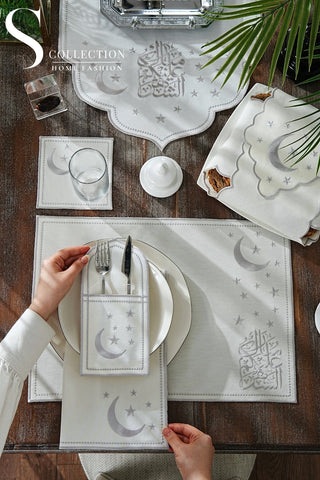 Ramadan Silver Glamorous Design Full Placemat Set - With Bread Basket Napkin and Runner - 6 Persons - 26 Pcs.
