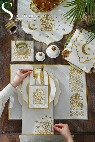 Ramadan Design Gold Chic Full Placemat Set - With Bread Basket Napkin and Runner - 6 Persons - 26 Pcs.