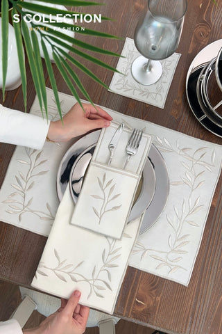 Silver Flower Design Placemat Set - Waterproof Fabric - 6 Persons - 24 Pcs. Full Set