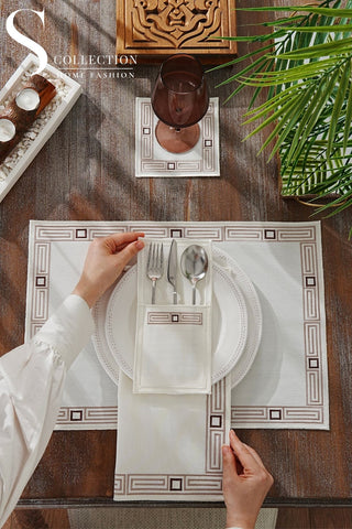 Tuscan Cappucino and Brown Design Placemat Set - Waterproof Fabric - 6 Persons - 24 Pcs. Full Set