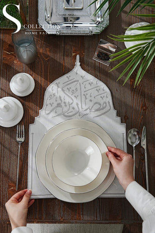 Ramadan Qubba Design Silver Placemat - Waterproof Fabric - 12 Persons - 12 Pcs.
