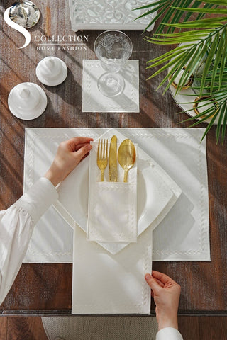 Leafy Allure Cornered Off White Design Placemat Set - Waterproof Fabric - 6 Persons - 24 Pcs. Full Set