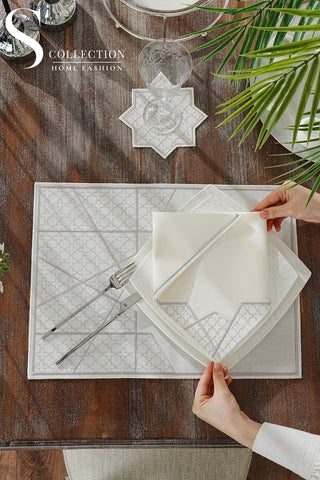Rimal Silver Design Placemat Set - Waterproof Fabric - 6 Persons - 18 Pcs. Full Set