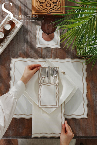 Leo Cappuccino Design Placemat Set - Waterproof Fabric - 6 Persons - 24 Pcs. Full Set