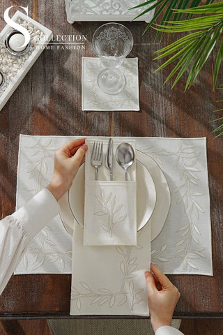 Flower Off White and Silver Design Placemat Set - Waterproof Fabric - 6 Persons - 24 Pcs. Full Set