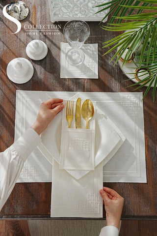 Pyramid Design Off White Placemat Set - Waterproof Fabric - 6 Persons - 24 Pcs. Full Set