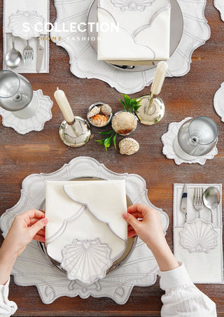 طقم مفارش سفرة - تصميم مارين - تطريز فضى - قماش مقاوم للماء - ٦ اشخاص - ٢٤ قطعة - طقم كامل  