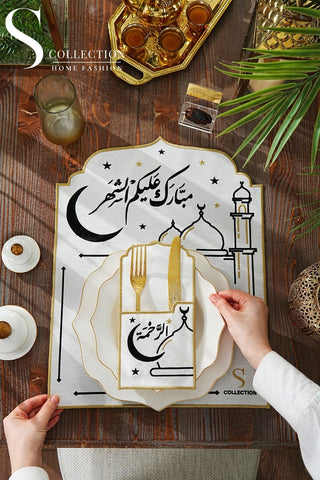 Ramadan Hilal Design Black and Gold Placemat Set - Waterproof Fabric - 6 Persons - 12 Pcs. Set
