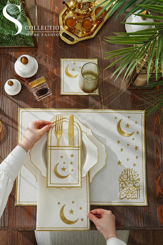 Ramadan Design Gold Glamorous Placemat Set -Waterproof Fabric - 6 Persons - 24 Pcs. Full Set