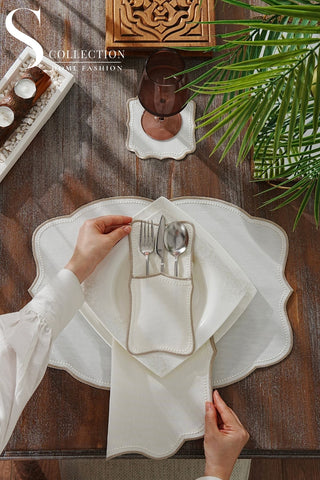 Alice Cappuccino and Off White Design Placemat Set - Waterproof Fabric - 6 Persons - 24 Pcs. Full Set