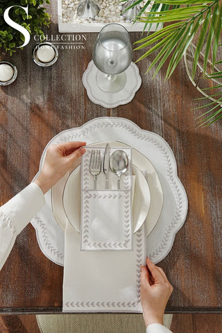 Leafy Allure Silver Design Placemat Set - Waterproof Fabric - 6 Persons - 24 Pcs. Full Set