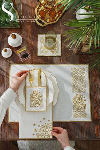 طقم مفارش سفرة - تصميم شيك رمضان - تطريز ذهبى - قماش مقاوم للماء -  ٦ أشخاص -  ٢٤ قطعة - طقم كامل