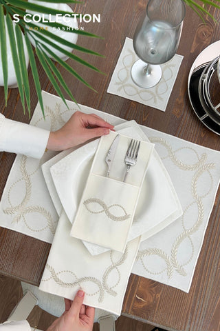 Olive Branch Shine Silver Design Placemat Set - Waterproof Fabric - 6 Persons - 24 Pcs. Full Set