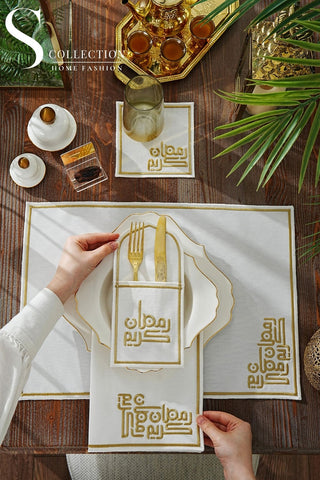 Ramadan Classic Design Gold Placemat Set - Waterproof Fabric - 6 Persons - 24 Pcs. Full Set