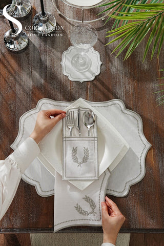 Laurel Wreath Silver Design Placemat Set - Waterproof Fabric - 6 Persons - 24 Pcs. Full Set