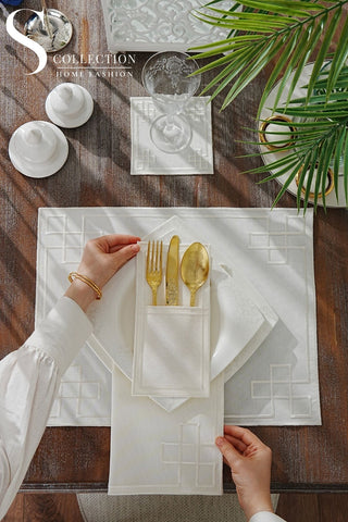 Classy Off White Design Placemat Set - Waterproof Fabric - 6 Persons - 24 Pcs. Full Set
