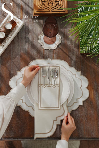 Clara Cappuccino Design Placemat Set - Waterproof Fabric - 6 Persons - 24 Pcs. Full Set