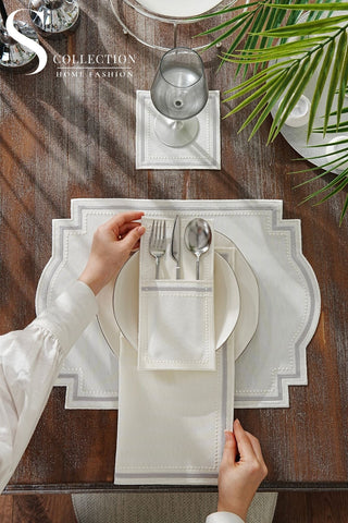 Graceful Silver Design Placemat Set - Waterproof Fabric - 6 Persons - 24 Pcs. Full Set