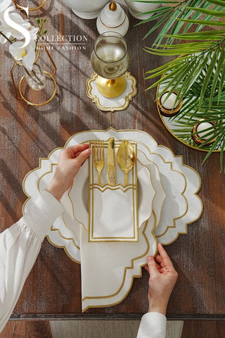 Clara Gold Design Placemat Set - Waterproof Fabric - 6 Persons - 24 Pcs. Full Set