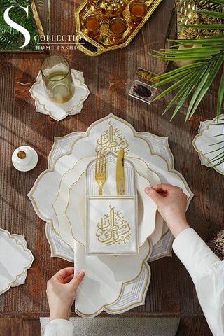 Ramadan Najma Design Gold and Silver Placemat Set - Waterproof Fabric - 6 Persons - 24 Pcs. Full Set