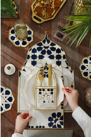 Ramadan Dome Design Navy and Gold Placemat Set - Waterproof Fabric - 6 Persons - 24 Pcs. Full Set