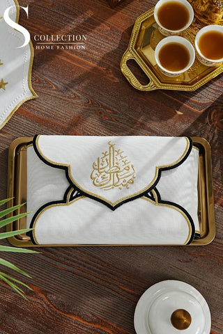 منديل سلة خبز مطرز - تصميم نجمة رمضان - قماش مقاوم للماء - تطريز اسود وذهبى