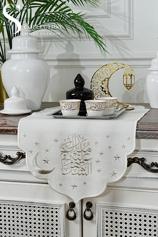 Glamours Design Runner - Waterproof Fabric - Shine Silver - Off White Embroidered