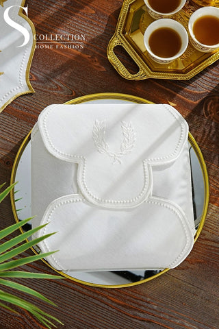 Laurel Wreath Design Bread Basket Napkin - Waterproof Fabric - Off White Embroidered