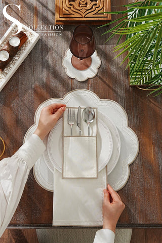 Floria Cappuccino Design Placemat Set - Waterproof Fabric - 6 Persons - 24 Pcs. Full Set