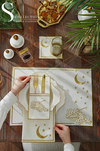 Ramadan Design Gold Stellar Serenity Placemat Set -Waterproof Fabric - 6 Persons - 24 Pcs. Full Set