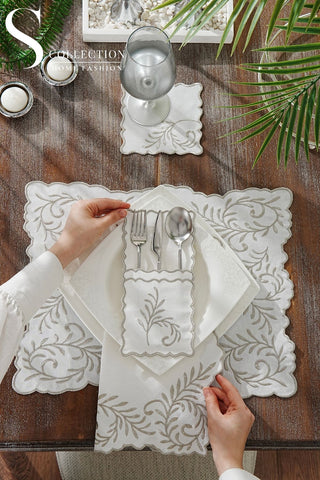 Lilac Soleil Silver Design Placemat Set - Waterproof Fabric - 6 Persons - 24 Pcs. Full Set