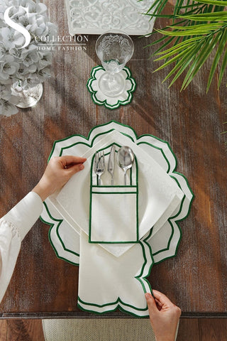 Valeria Green Design Placemat Set - Waterproof Fabric - 6 Persons - 24 Pcs. Full Set