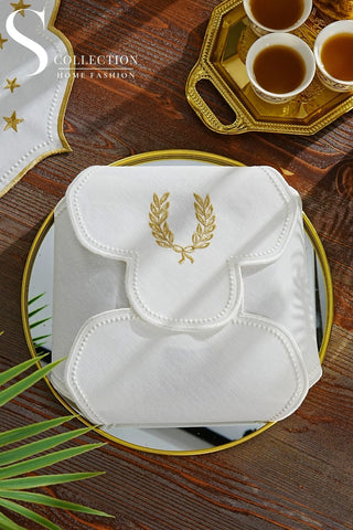 Laurel Wreath Design Bread Basket Napkin - Waterproof Fabric - Gold and Off White Embroidered