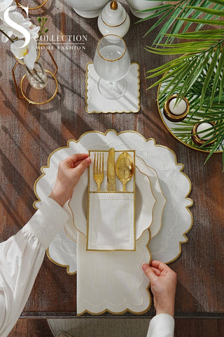 Tansy Gold and Off White Design Placemat Set - Waterproof Fabric - 6 Persons - 24 Pcs. Full Set