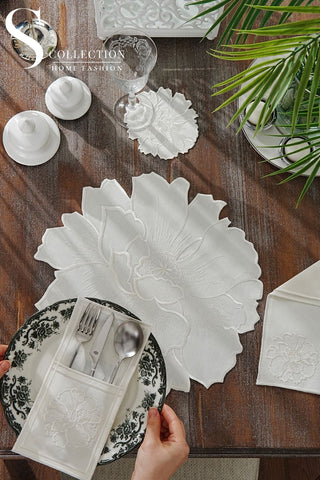 طقم مفارش سفرة - تصميم  إلويس - تطريز اوف وايت - قماش مقاوم للماء - ٦ اشخاص - ٢٤ قطعة - طقم كامل  