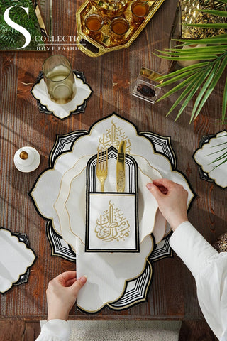 طقم مفارش سفرة - تصميم نجمه رمضان - تطريز ذهبى واسود -  قماش مقاوم للماء -  ٦ أشخاص - ٢٤ قطعة - طقم كامل