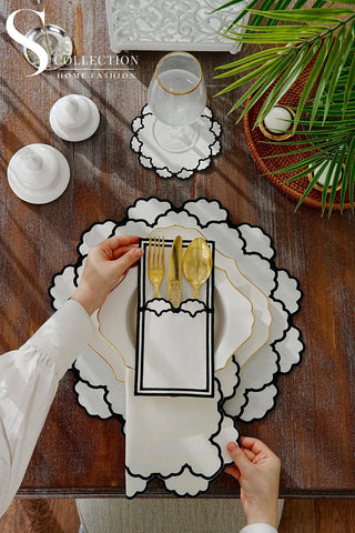 Olivia Black Design Placemat Set - Waterproof Fabric - 6 Persons - 24 Pcs. Full Set