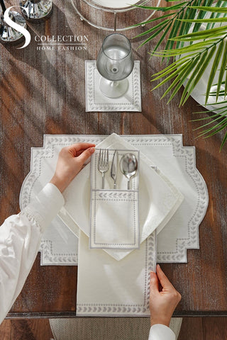 Donna Wreath Silver Design Placemat Set - Waterproof Fabric - 6 Persons - 24 Pcs. Full Set