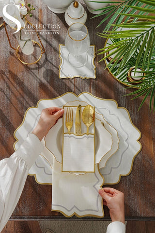 Dessert Bloom Gold and Silver Design Placemat Set - Waterproof Fabric - 6 Persons - 24 Pcs. Full Set