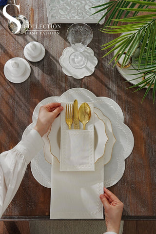 Leafy Allure Off White Design Placemat Set - Waterproof Fabric - 6 Persons - 24 Pcs. Full Set