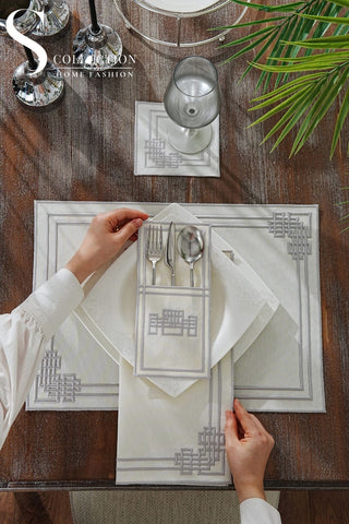 Pyramid Design Silver Placemat Set - Waterproof Fabric - 6 Persons - 24 Pcs. Full Set